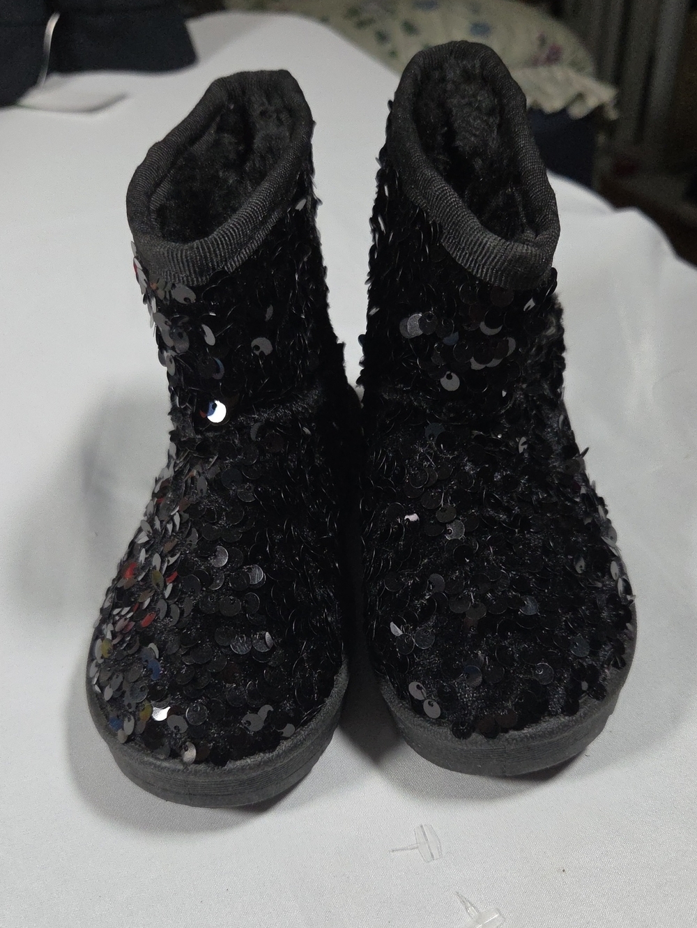 Childs Black Sequin Faux-Fur Ankle Boots By Link - Child Size 5